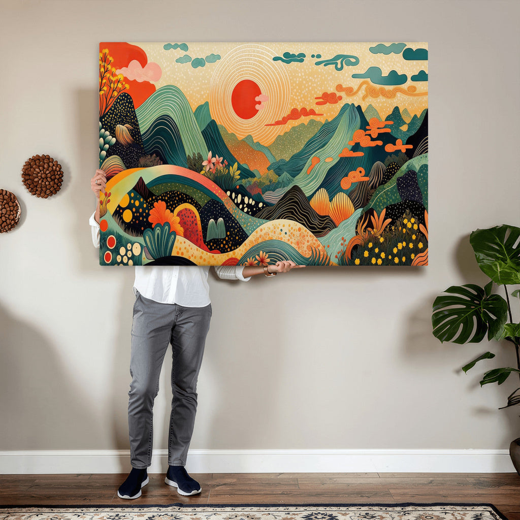 Yayoi Kusama Boho Mountain Landscape Large Wall Art, Gold Sun and Flowers Print