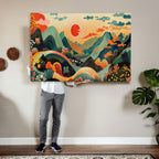Yayoi Kusama Boho Mountain Landscape Large Wall Art, Gold Sun and Flowers Print