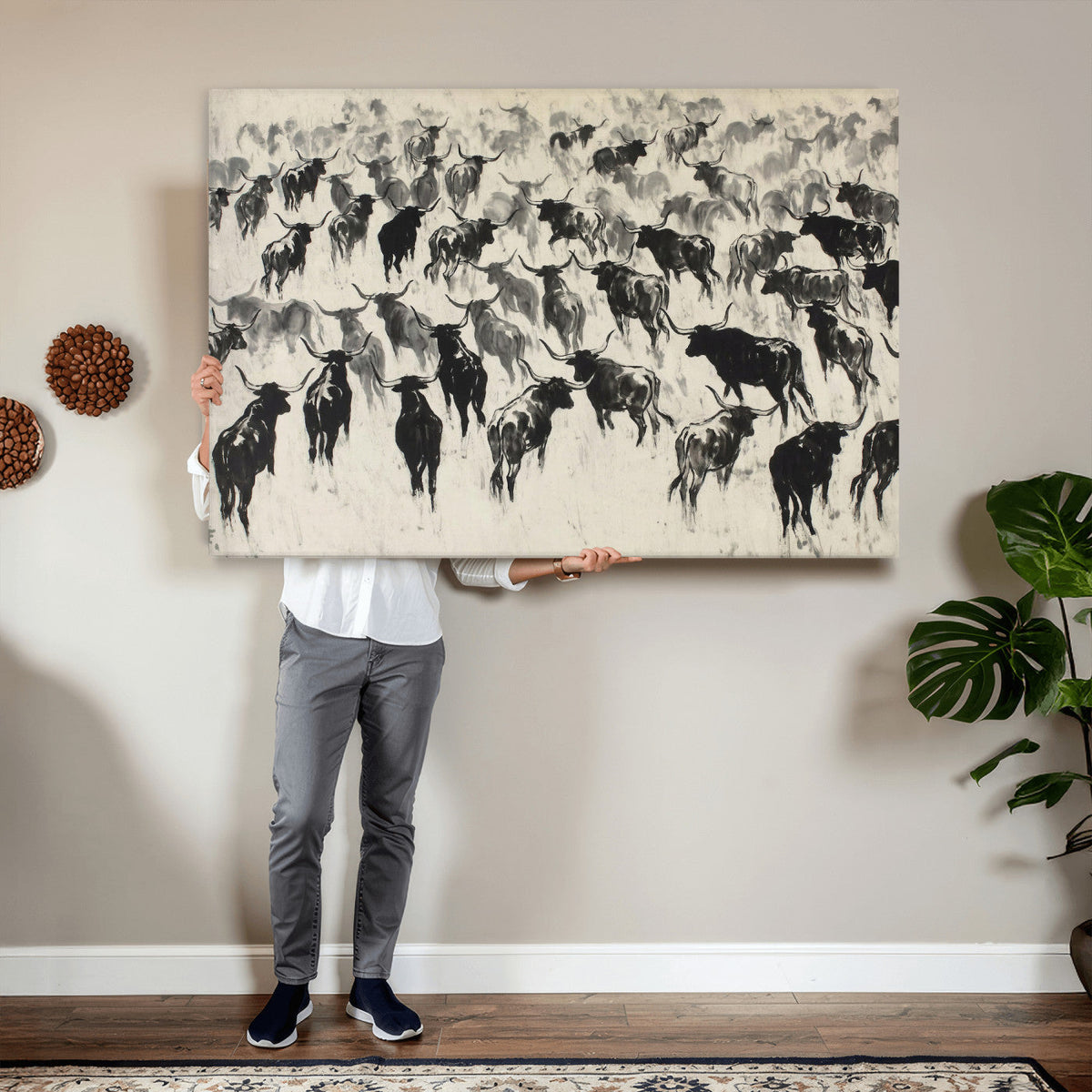 Longhorn Cattle Canvas Wall Art, Black White Stampede Ink