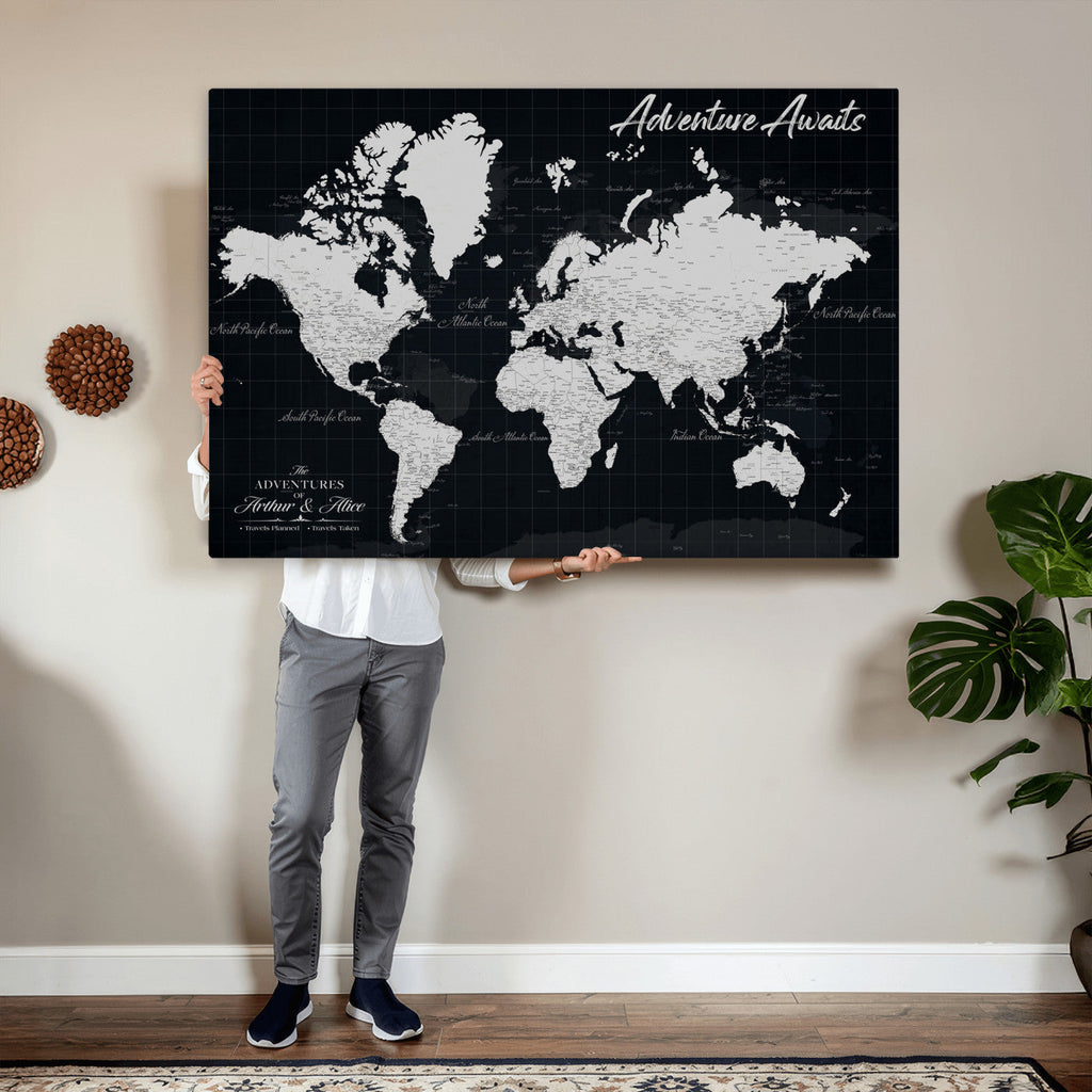 Personalized Black Push Pin Travel Map Canvas Print, Couples Countries Visited Map, Entryway and Hallway Decor