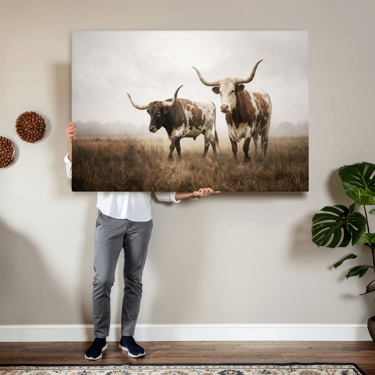 Texas Longhorn Canvas Wall Art Western Bull Desert, Rustic Farmhouse Wall Decor