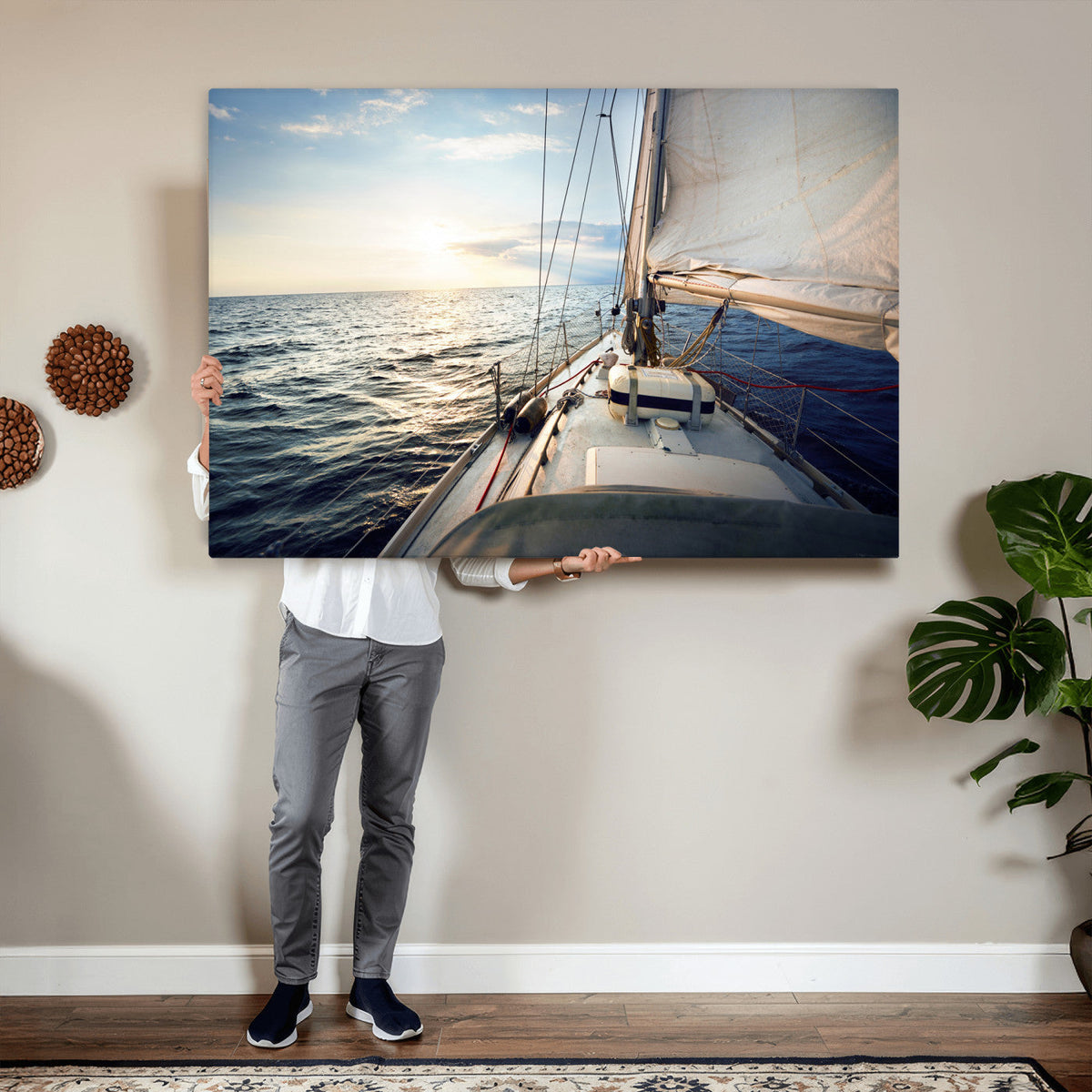 Sailboat Wall Art Canvas Print, Ocean Sunset Sailing Framed Artwork