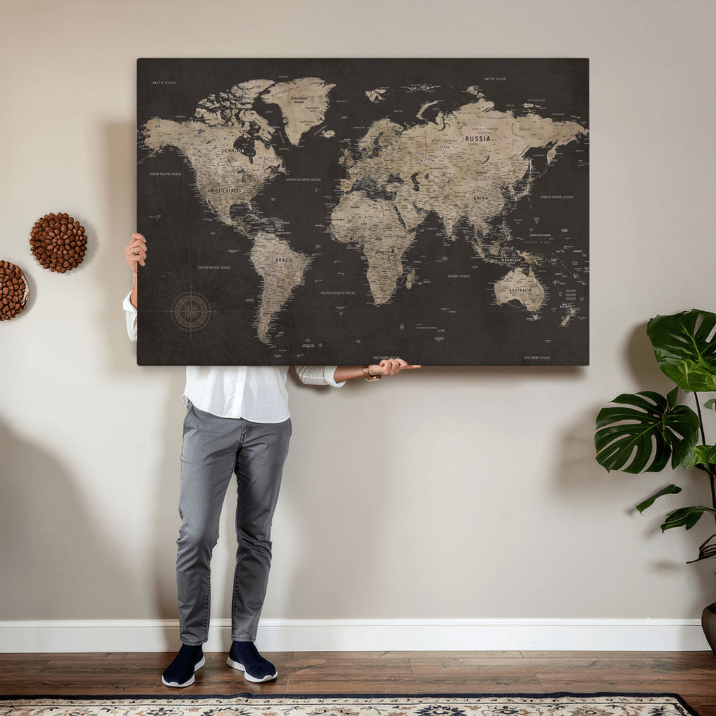 World Map Canvas Wall Art, Dark Charcoal and Antique Tan Detailed Map