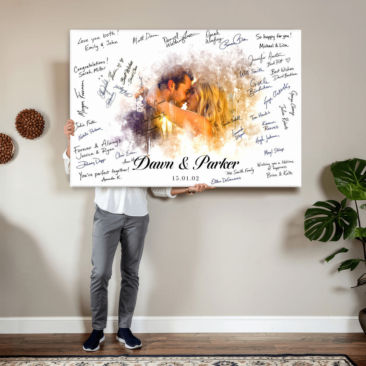 Ink Splash Wedding Guest Book Canvas, Personalized Couple Photo Sign