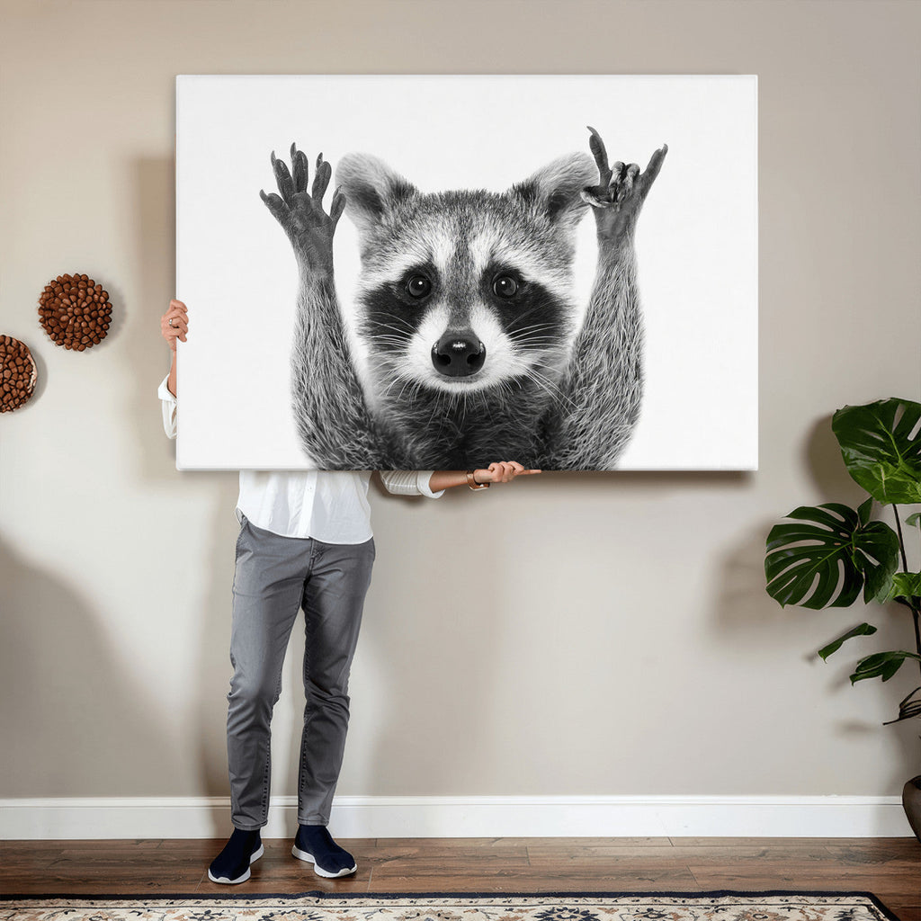 Funny Raccoon Canvas Wall Art, Black White Hands Up Animal Photo Print