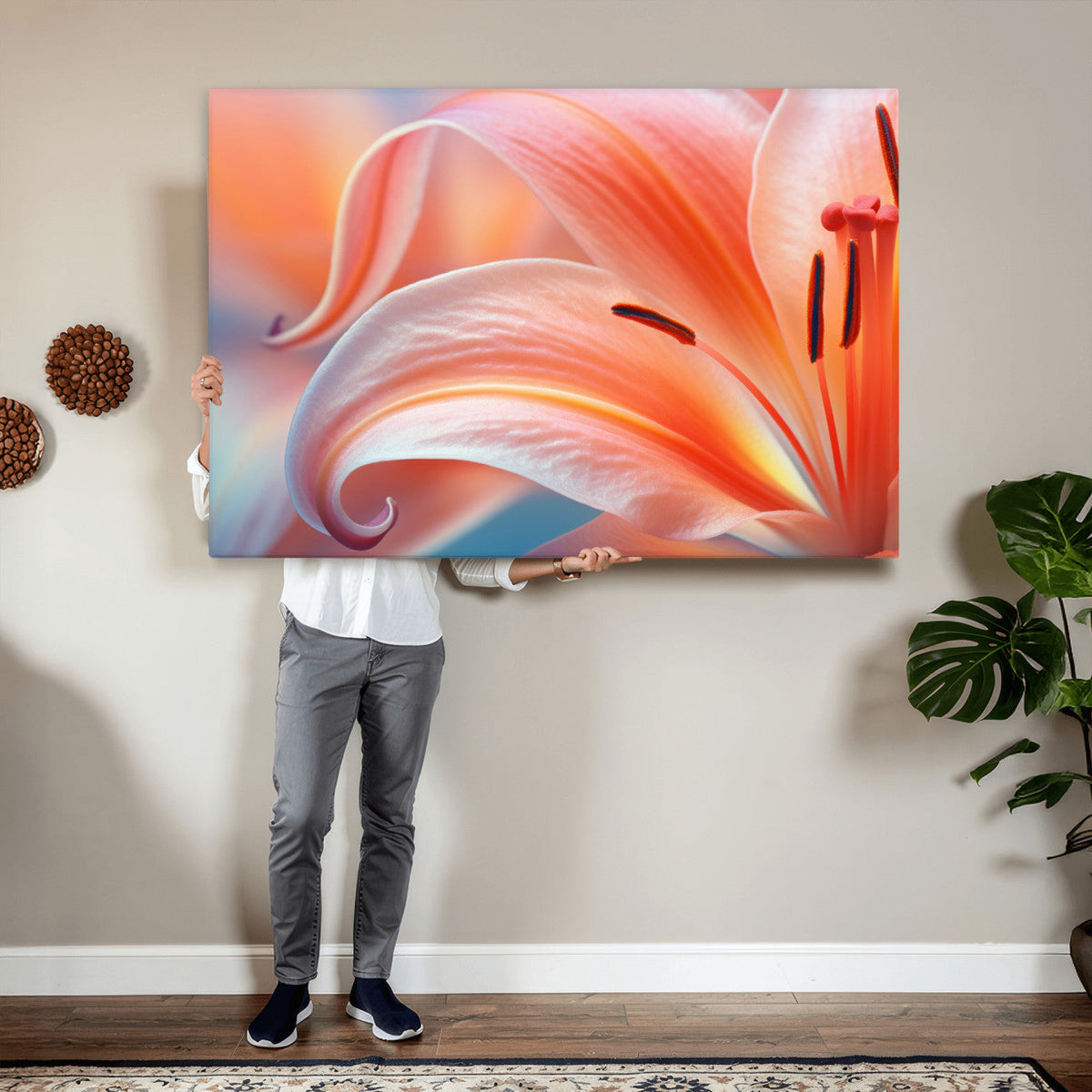 Peach Lily Canvas Wall Art, Coral Pink Flower Macro Photo Print, Botanical Decor
