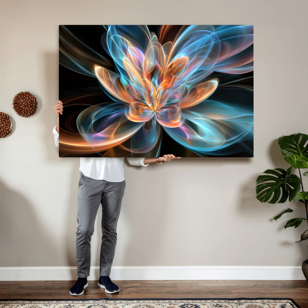 Fractal Lotus Canvas Wall Art, Blue Orange Glowing Flower Abstract Print