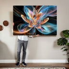 Fractal Lotus Canvas Wall Art, Blue Orange Glowing Flower Abstract Print