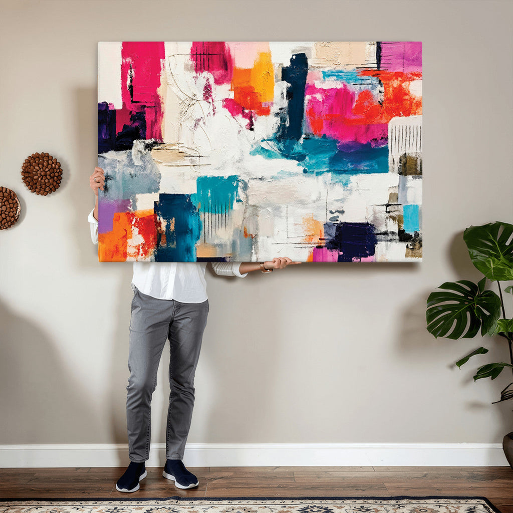 Blue Teal Abstract Canvas Wall Art, Modern Brushstroke Style Print, Navy Orange Contemporary Decor