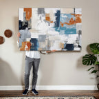 Blue Teal Abstract Canvas Wall Art, Modern Brushstroke Style Print, Navy Orange Contemporary Decor