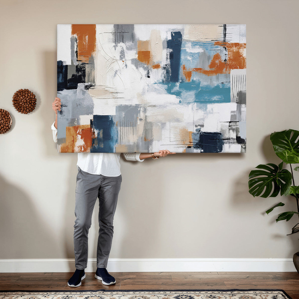 Blue Teal Abstract Canvas Wall Art, Modern Brushstroke Style Print, Navy Orange Contemporary Decor