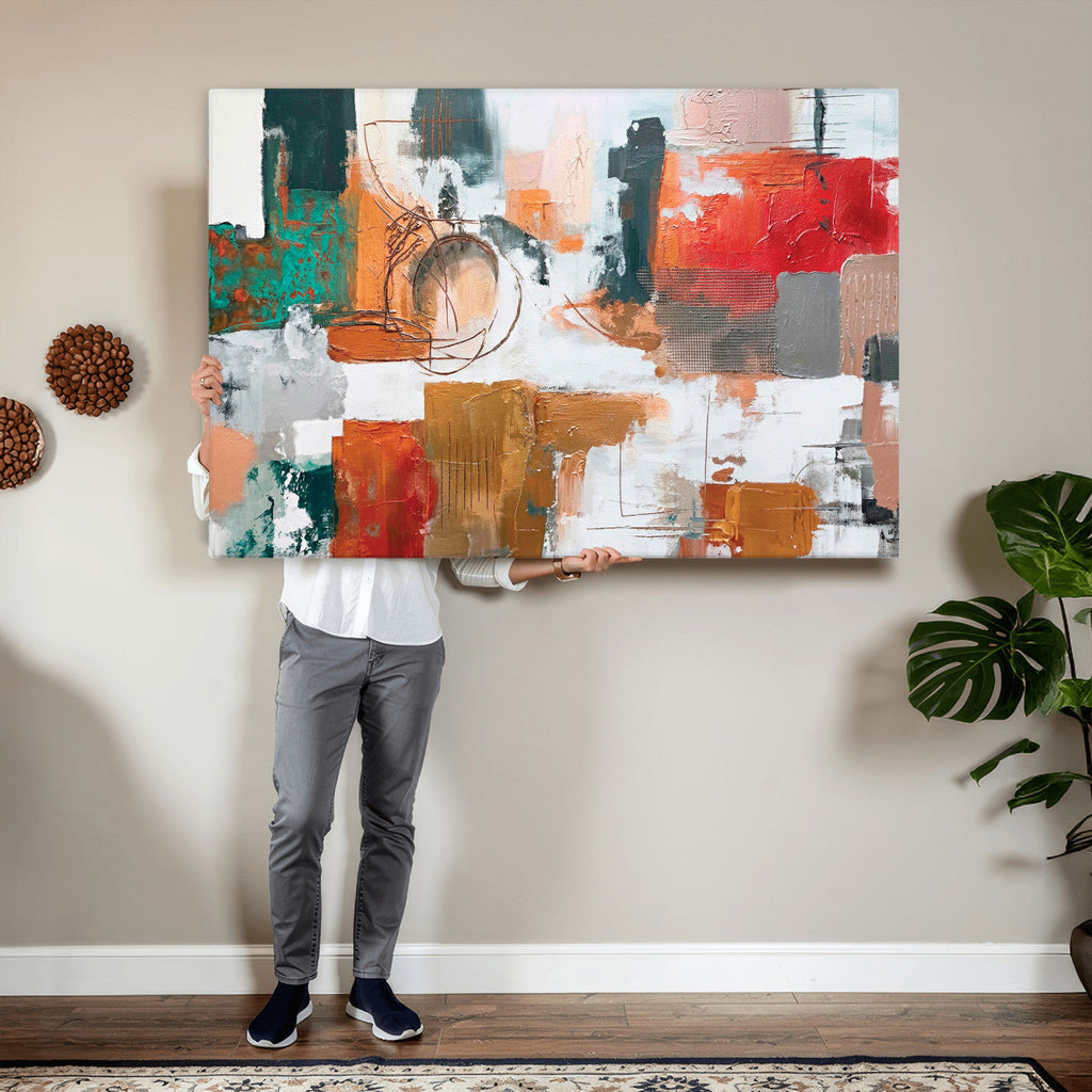 Blue Teal Abstract Canvas Wall Art, Modern Brushstroke Style Print, Navy Orange Contemporary Decor