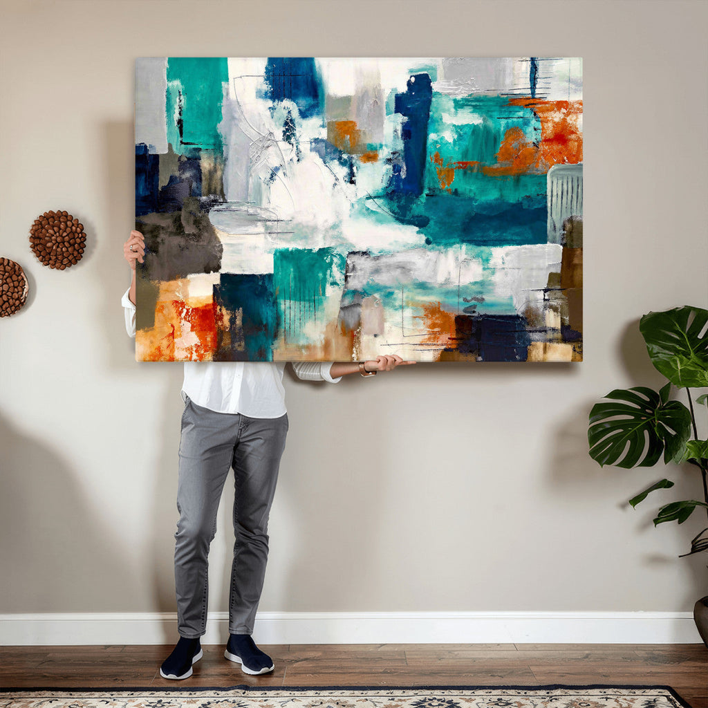 Blue Teal Abstract Canvas Wall Art, Modern Brushstroke Style Print, Navy Orange Contemporary Decor
