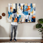 Blue Teal Abstract Canvas Wall Art, Modern Brushstroke Style Painting Print, Navy Orange Contemporary Decor