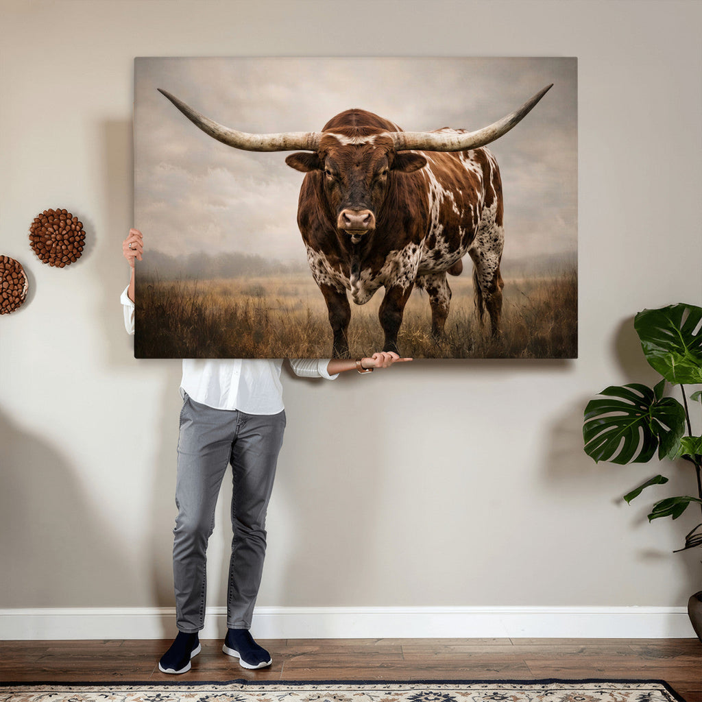 Texas Longhorn Wall Art Canvas Print | Brown Horned Bull Rustic Western Decor