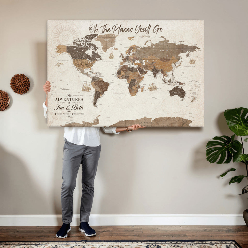 Personalized Beige Geometric Family Push Pin World Map Canvas Print, Honeymoon and Anniversary Gift, Living Room and Study Decor