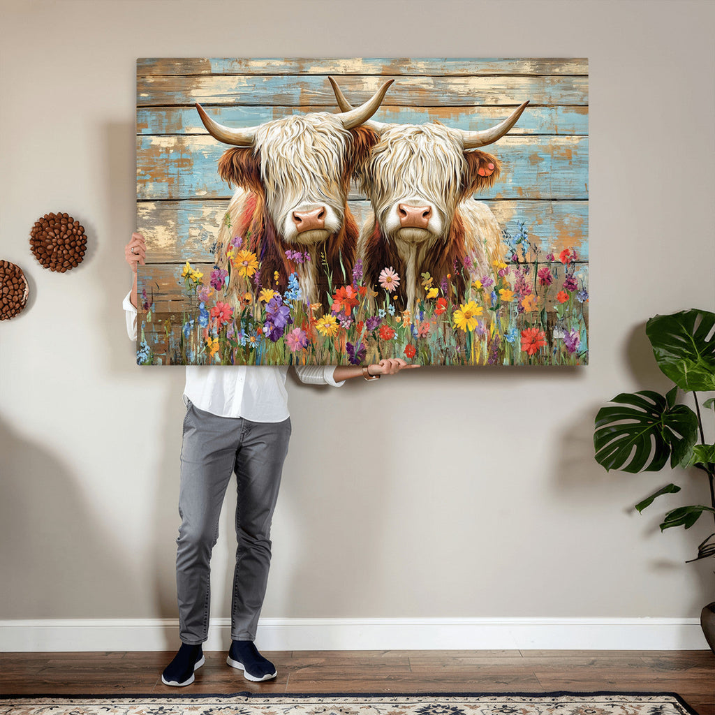 Cute Highland Cow Canvas Wall Art - Rustic Farmhouse Decor