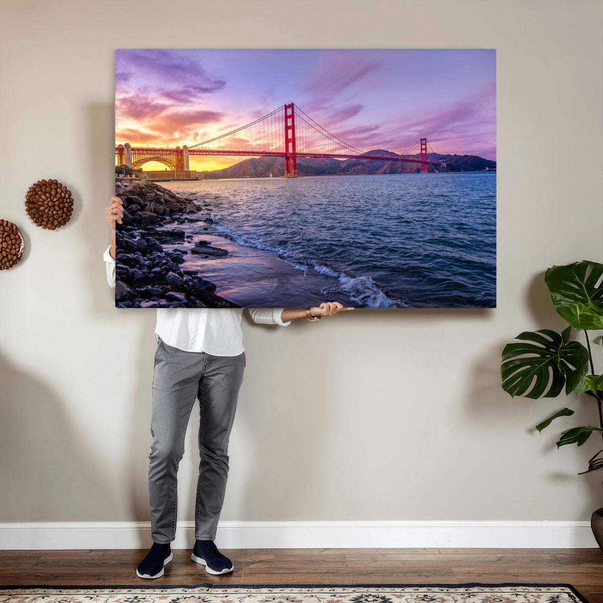 Golden Gate Bridge Wall Art Canvas Print, Framed San Francisco Sunset Landmark