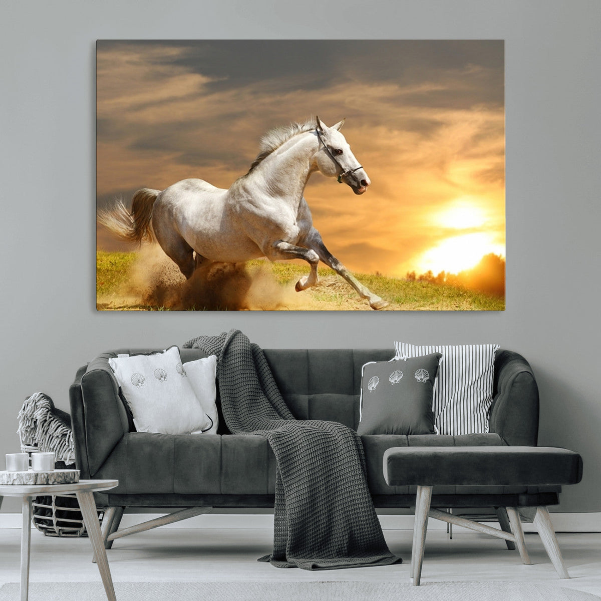 Large Wall Art Galloping White Horse at Sunset Canvas Print