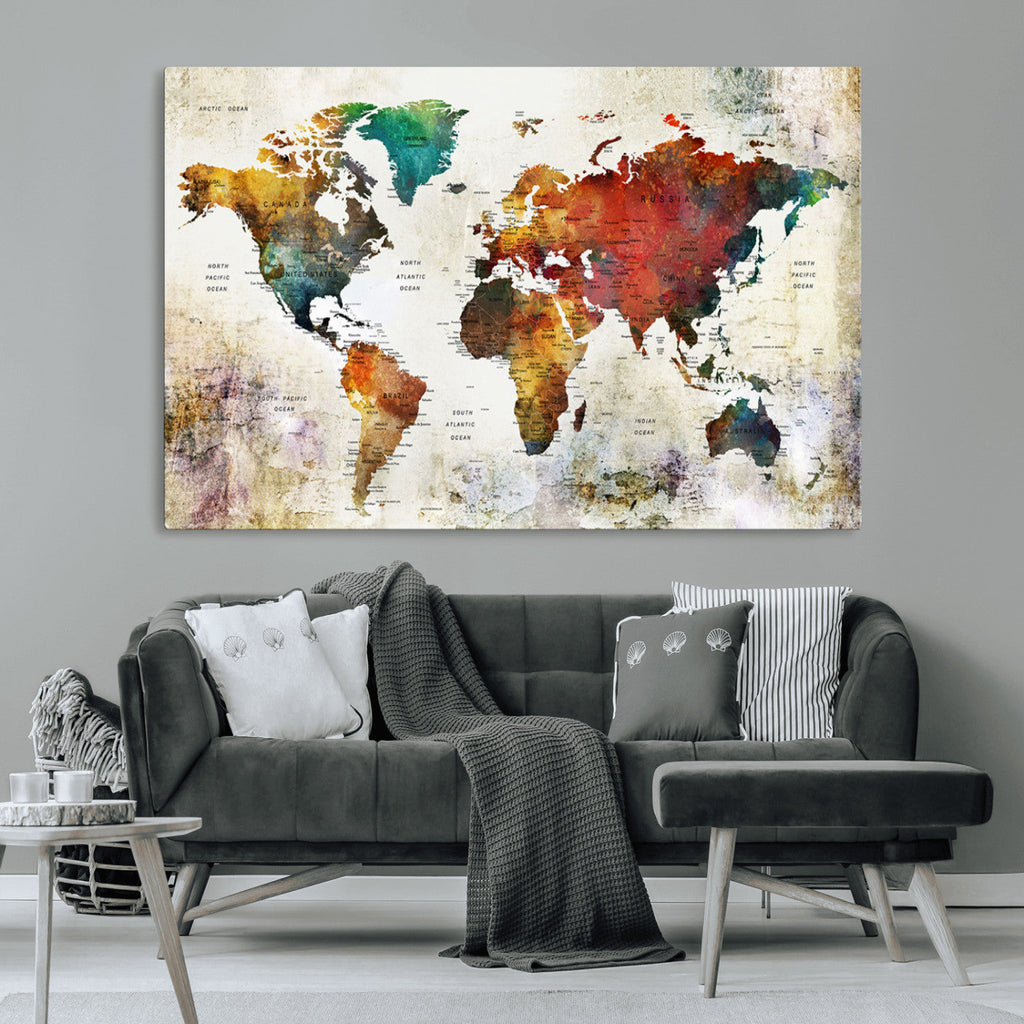 Watercolor World Map Canvas Print | Framed Travel Map Wall Art for Couples