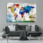 Navy Blue and Orange Watercolor World Map Canvas Print | Framed Travel Map