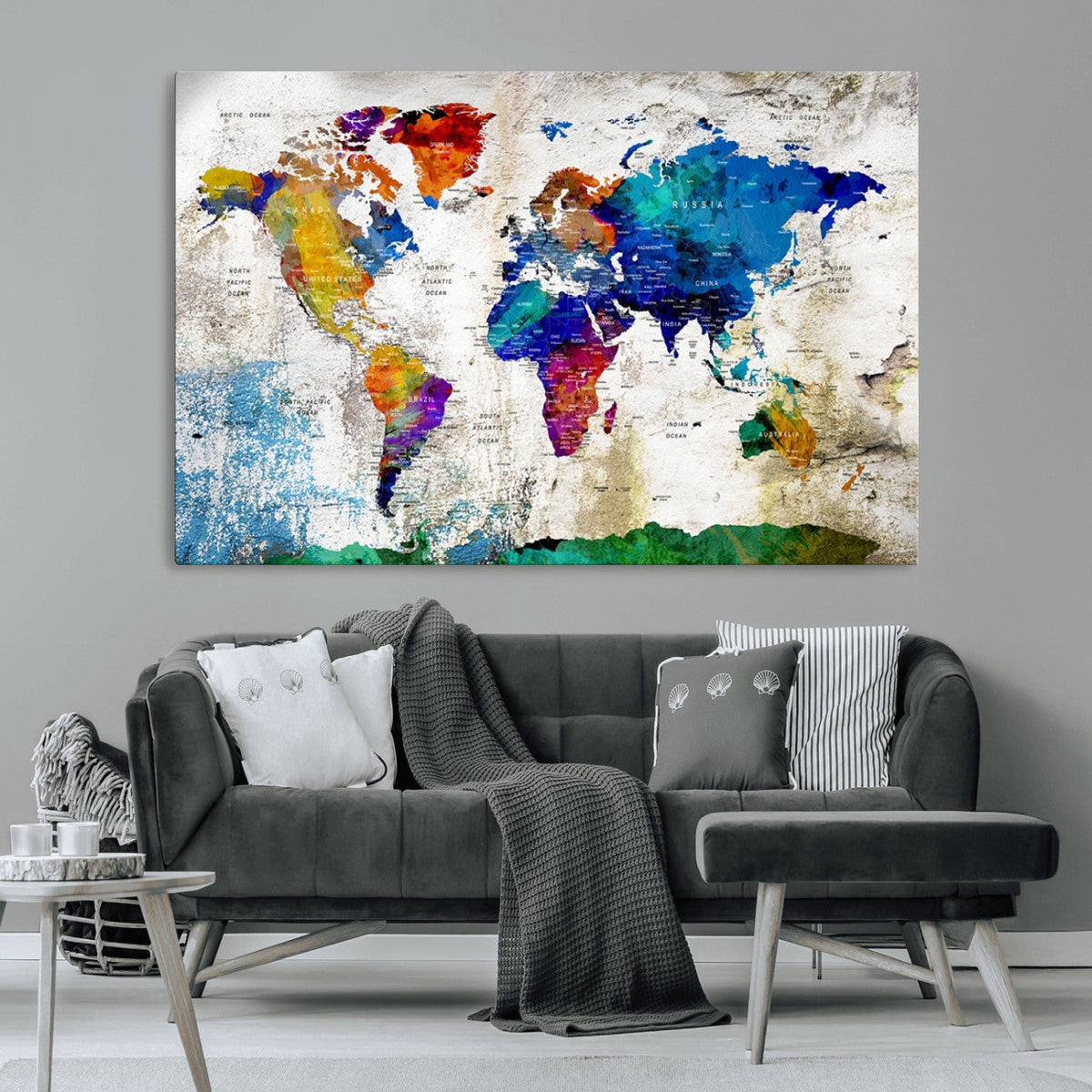 Navy Blue and Orange Watercolor World Map Canvas Print | Framed Travel Map