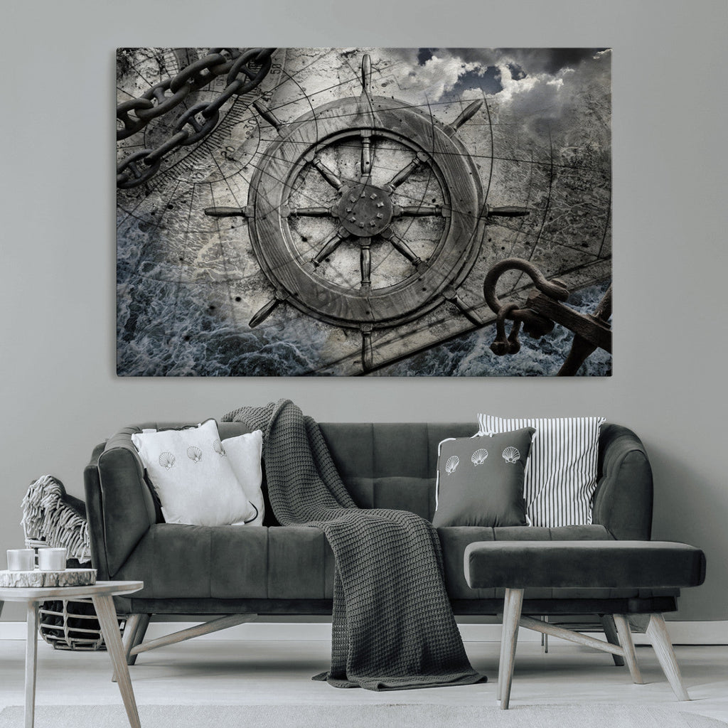Ship Steering Wheel Vintage Wall Art Canvas Print