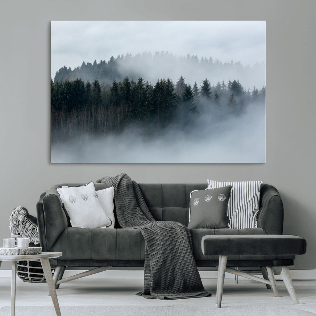Autumn and Misty Trees in the Forest Wall Art Canvas Print, Foggy Forest Mountain Wall Art