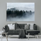 Autumn and Misty Trees in the Forest Wall Art Canvas Print, Foggy Forest Mountain Wall Art