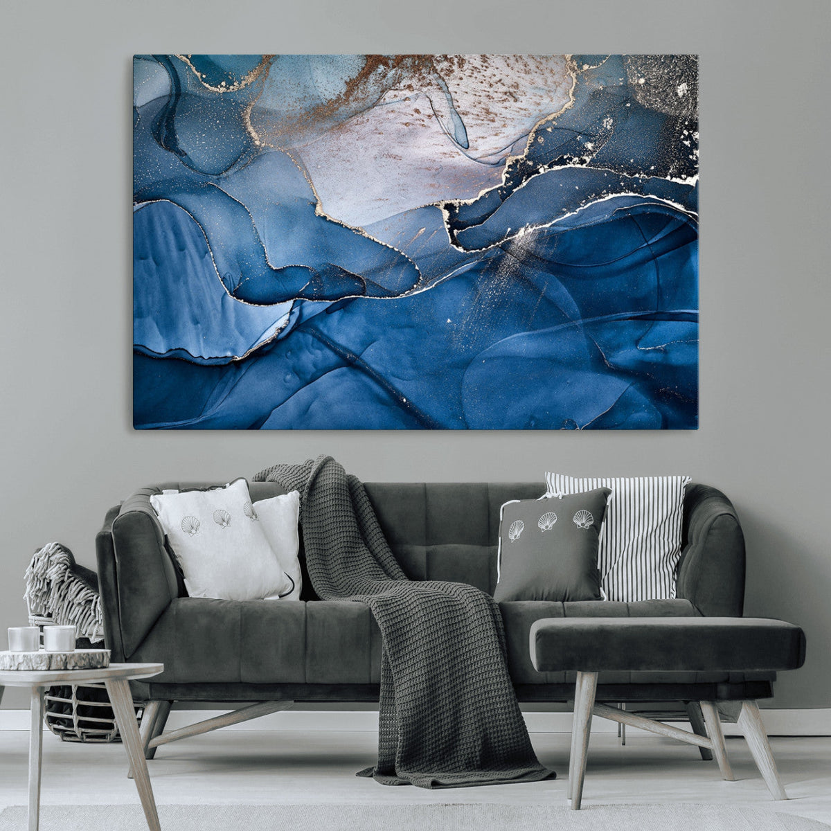 Navy Blue Canvas Art Abstract Print | Elegant Triptych Modern Art