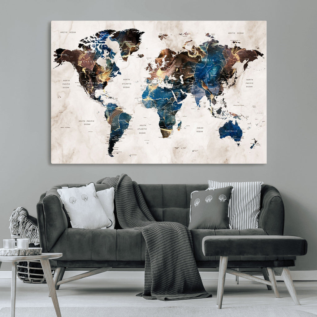 Abstract Earth Tone Blue World Map Canvas Print | Framed Travel Map Wall Art
