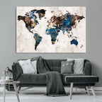 Abstract Earth Tone Blue World Map Canvas Print | Framed Travel Map Wall Art