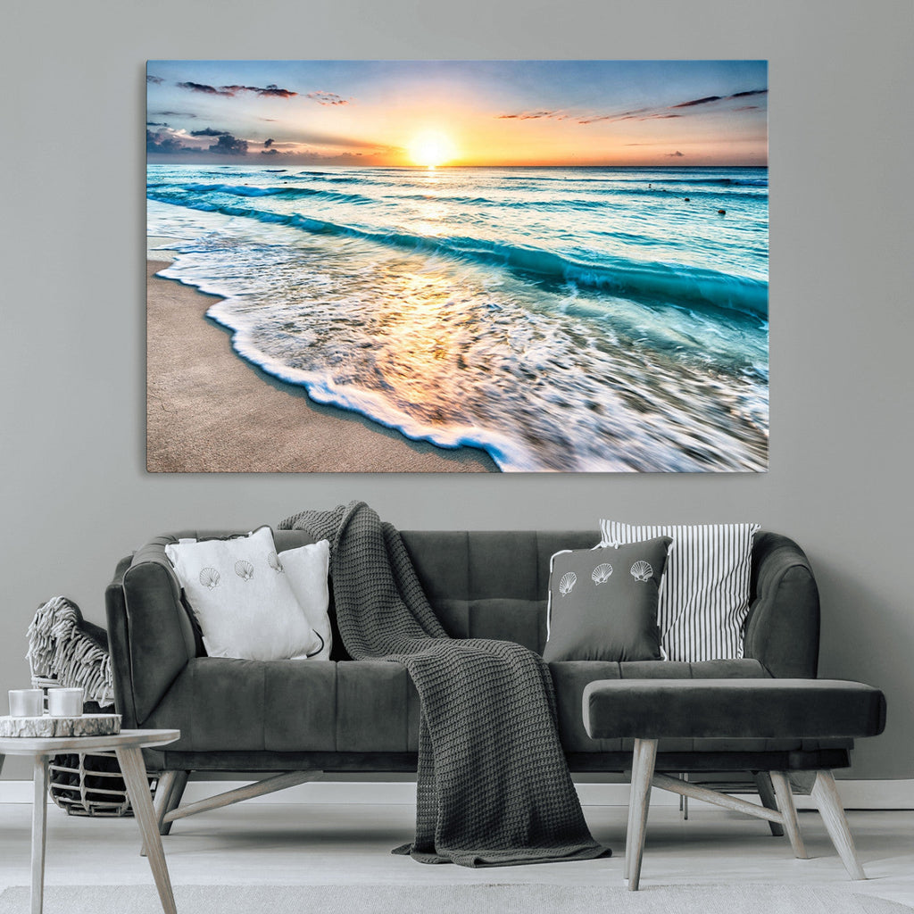 Sunset Beach Waves Canvas Wall Art | Ocean Sunset Coastal Print