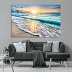 Sunset Beach Waves Canvas Wall Art | Ocean Sunset Coastal Print