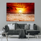 Red Sunset Ocean Beach Canvas Wall Art, Coastal Sunset Print