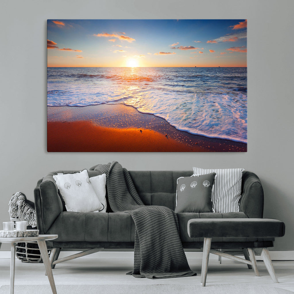 Tropical Ocean Sunset Wall Art Canvas Print, Golden Beach Horizon, Coastal Island Decor