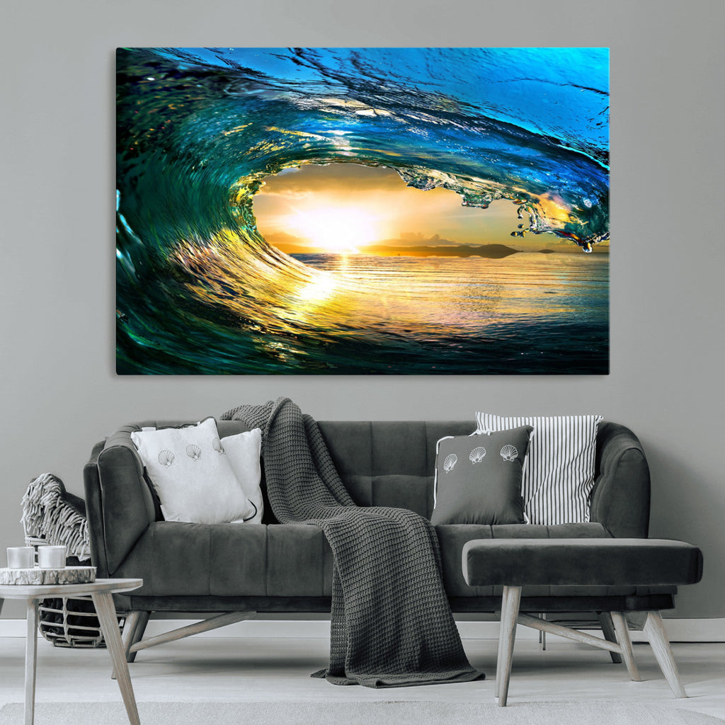 Ocean Wave at Sunset Canvas Art, Large Wall Print of Vibrant Surfing Wave