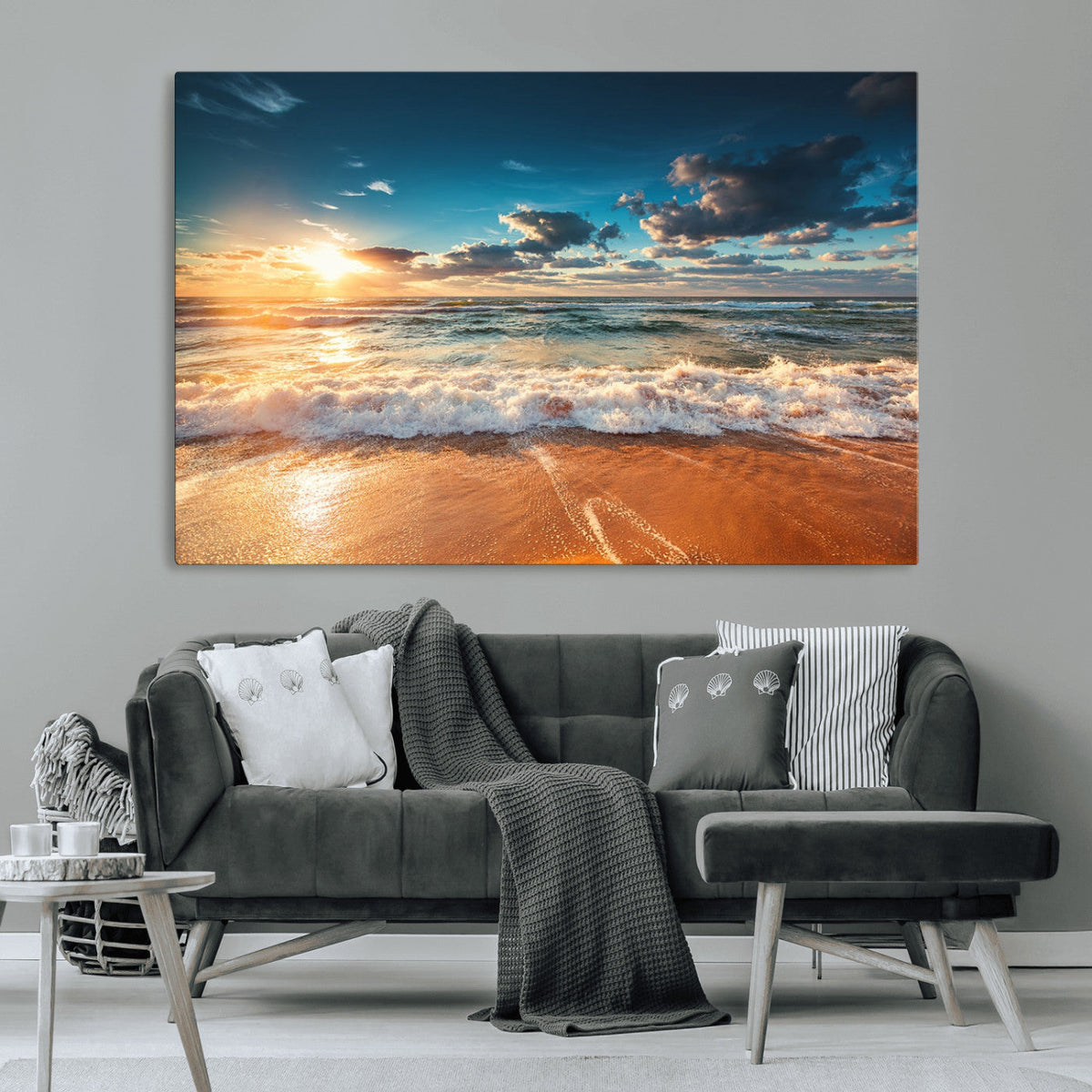 Golden Sunset Beach Triptych Canvas Art, Giclee Coastal Wall Decor, Ocean Waves Print