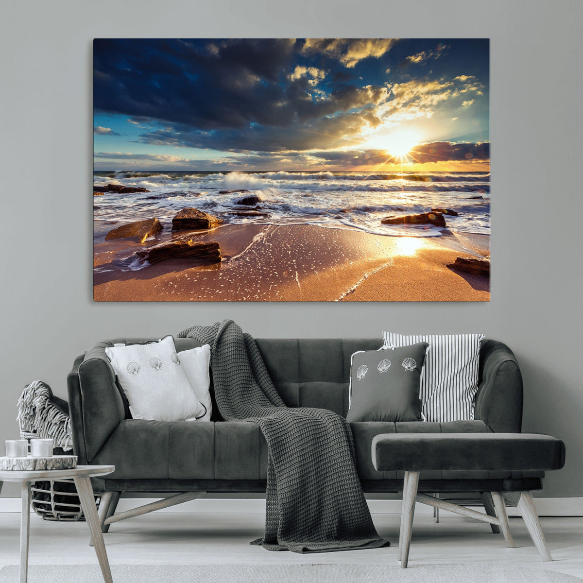 Golden Hour Beach Sunset Canvas Triptych, Ocean Waves and Rocks Wall Art