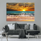 Golden Sunset Beach Canvas Wall Art | Triptych Seascape Print, Framed and Ready to Hang