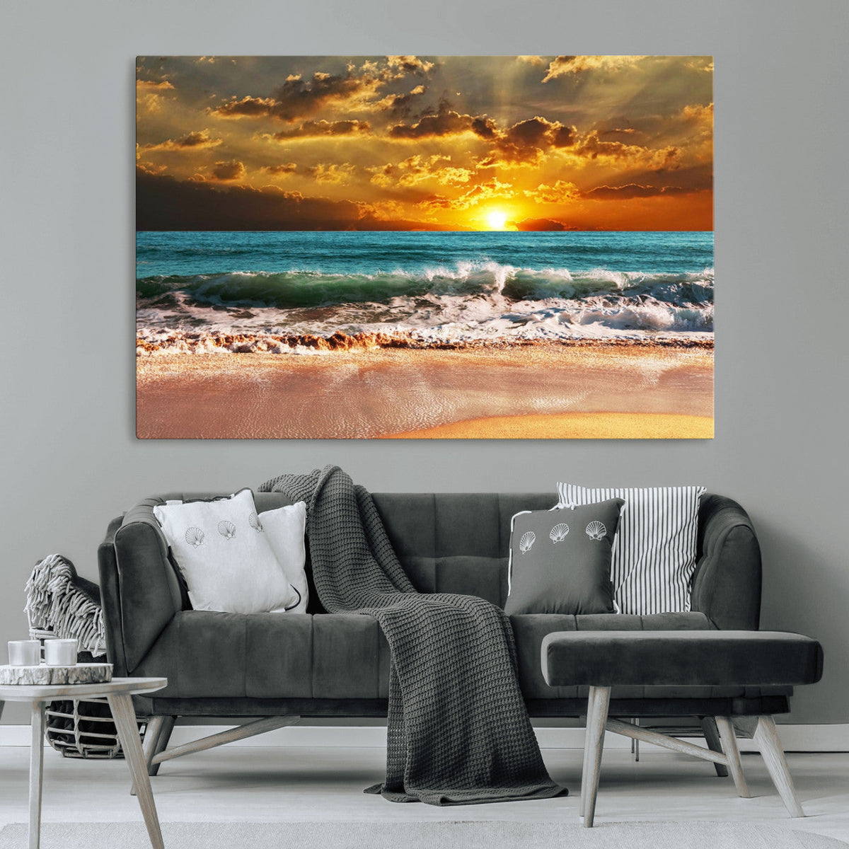 Golden Sunset Beach Canvas Wall Art | Triptych Seascape Print, Framed and Ready to Hang