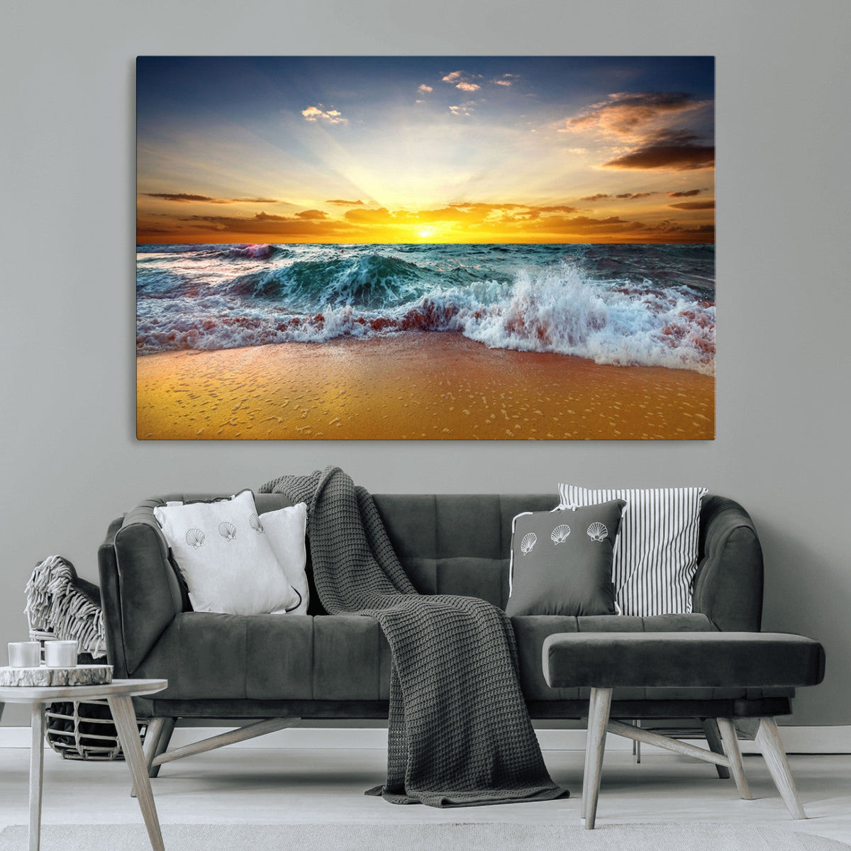 Golden Sunset Ocean Waves Wall Art Canvas Print | Multi Panel Beach Canvas Set, Coastal Triptych