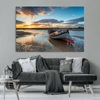 Small Boat At The Beach Sunset Wall Art, Boat Sunset Wall Art Canvas Print