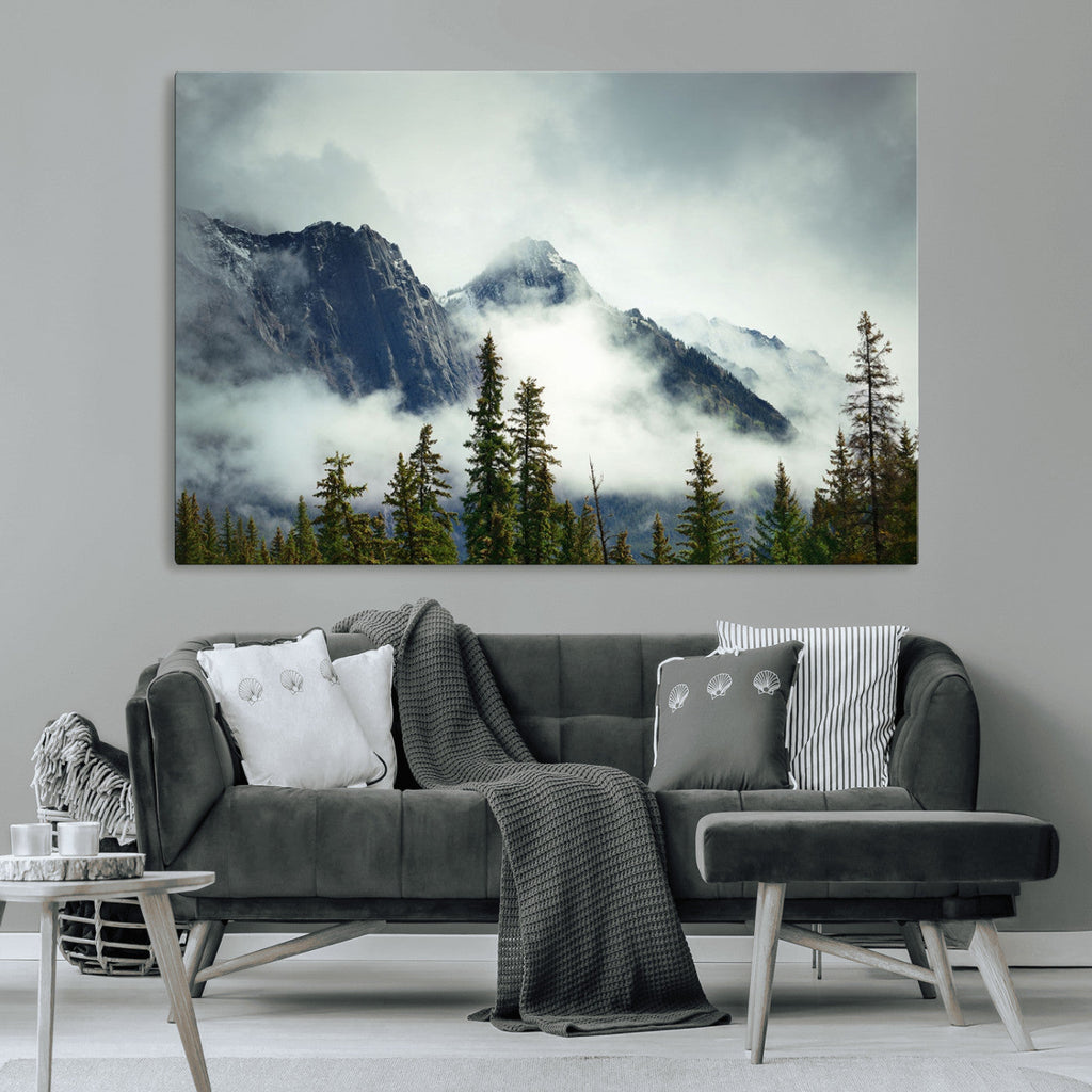 Mountain Mist Canvas Wall Art Print | 3-Panel Foggy Forest and Mountain Landscape