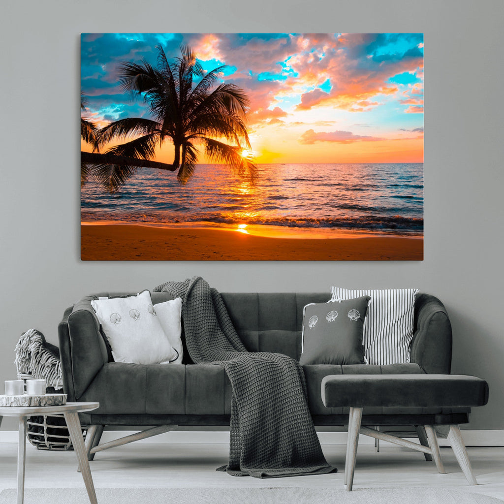 Palm Tree Sunset On The Beach Wall Art Canvas, Framed Palm Tree Sunset Canvas Print
