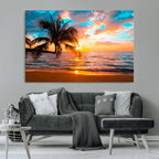 Palm Tree Sunset On The Beach Wall Art Canvas, Framed Palm Tree Sunset Canvas Print