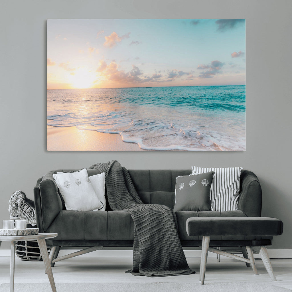 Tranquil Ocean Beach Sunset Canvas Wall Art | 3-Panel Coastal Decor