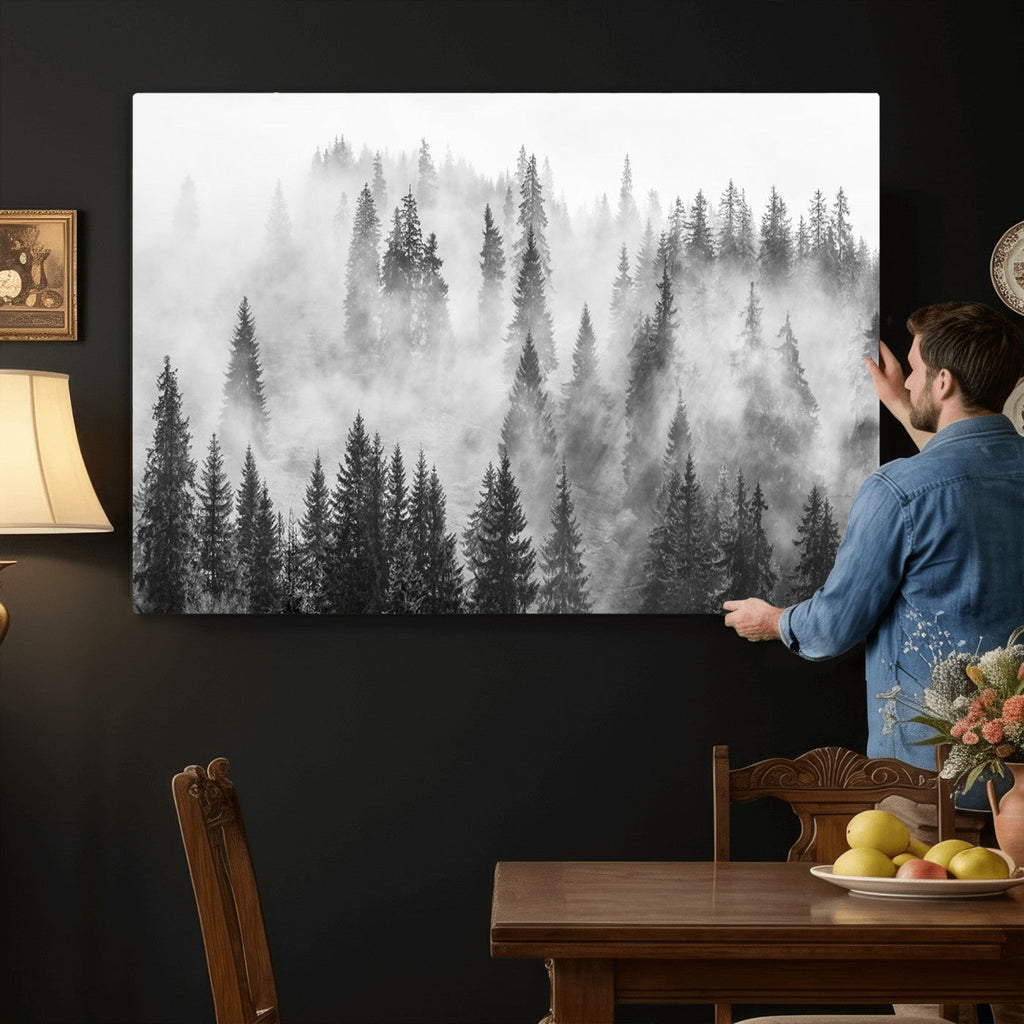 Forest Wall Art Print | Foggy Pine Forest Canvas Wall Art, Black and White Nature Decor