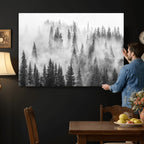 Forest Wall Art Print | Foggy Pine Forest Canvas Wall Art, Black and White Nature Decor