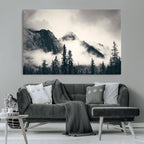 Forest Mountain Print | Black and White Canvas Wall Art with Misty Forest Design
